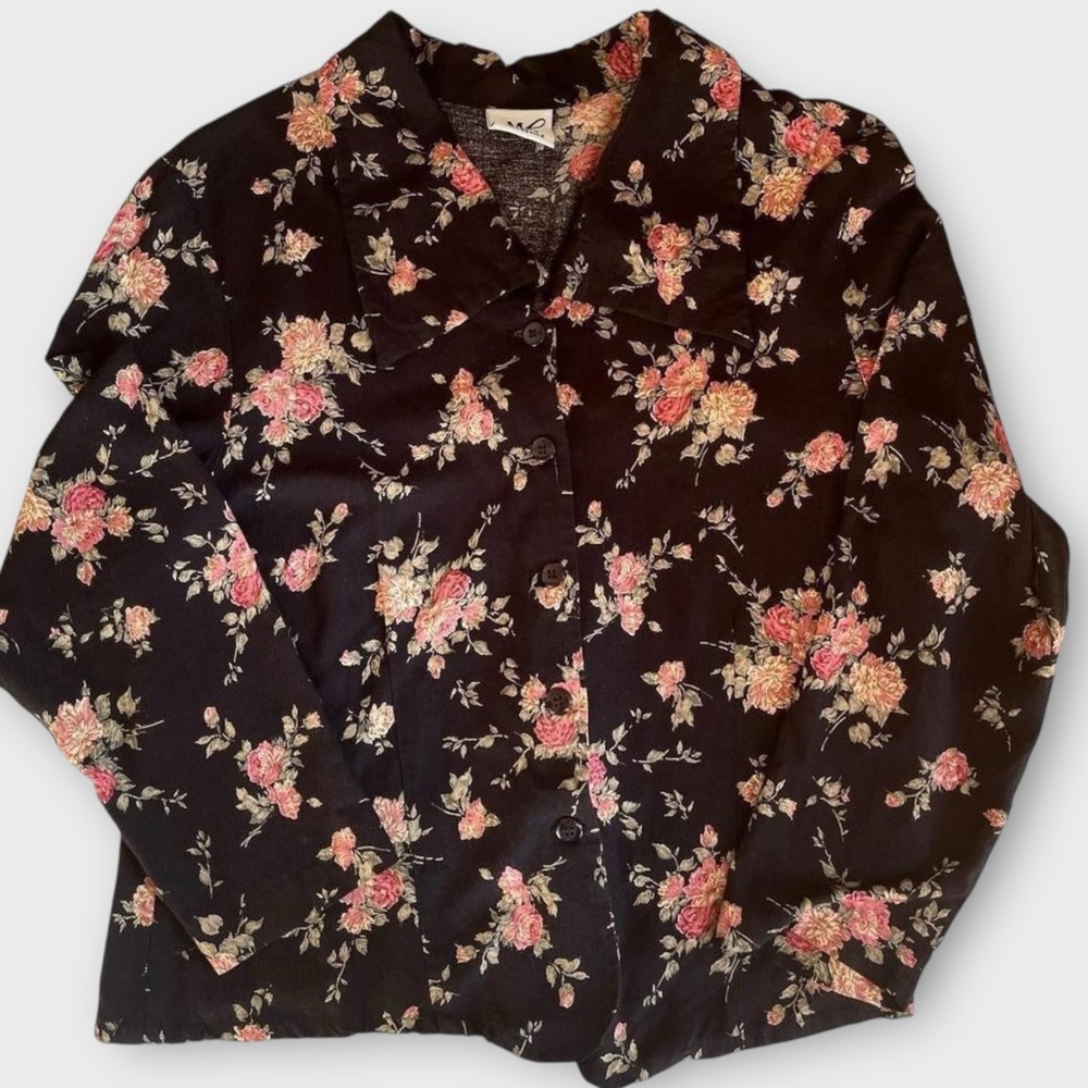 Vintage Maggie Lawrence Black Pink Rose Floral Collared Button Down Blouse